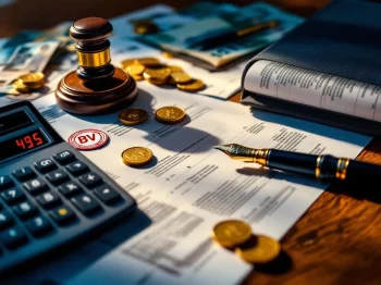 Zakelijke documenten met BV-stempel op houten bureau, rekenmachine met rode cijfers, euromunten en bankbiljetten zichtbaar