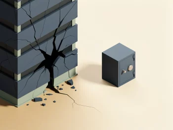 Gebarsten bedrijfsgebouw naast een intacte kluis op minimalistische ondergrond, symboliseert financiële bescherming in marktcrisis.