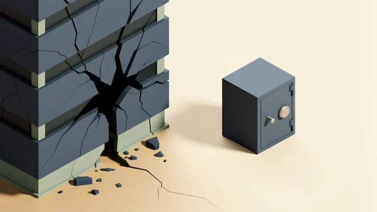 Gebarsten bedrijfsgebouw naast een intacte kluis op minimalistische ondergrond, symboliseert financiële bescherming in marktcrisis.