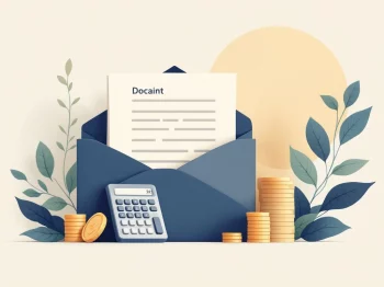Professionele illustratie van openstaande documentenmap met georganiseerde papieren, calculator en muntstapel in navy en beige