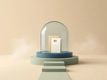 Transparante koepel beschermt BV-gebouw en documenten, met pad door mist: metafoor voor bedrijfsopvolging en estate planning