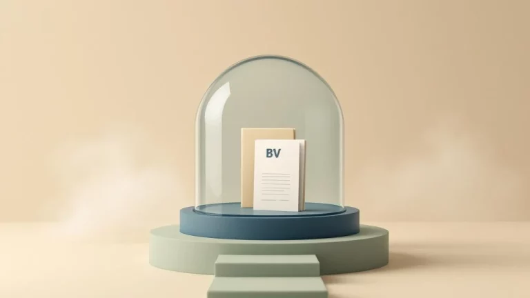 Transparante koepel beschermt BV-gebouw en documenten, met pad door mist: metafoor voor bedrijfsopvolging en estate planning