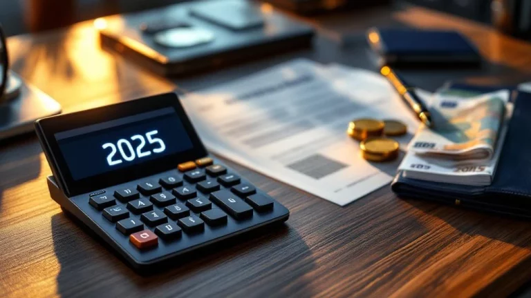 Moderne kantoorbureau met rekenmachine die "2025" toont, omringd door eurobiljetten en Nederlandse belastingdocumenten