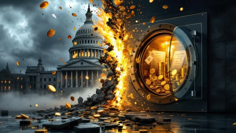 Gesplitst beeld van instortend overheidsgebouw links en gouden kluis met munten rechts, symboliseert fiscale onzekerheid