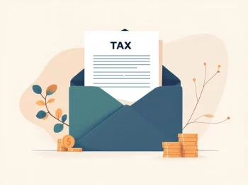 Professionele illustratie van belastingdocumenten, rekenmachine en munten in zachte marineblauw en beige tinten