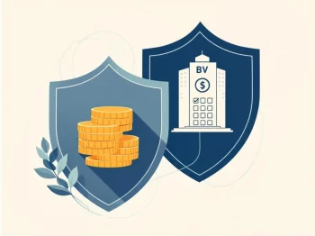 Professionele illustratie met marineblauw schild, muntenstapels en BV-gebouw icoon voor belastingoptimalisatie