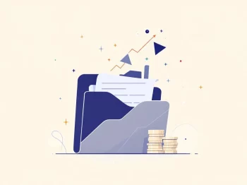 Professionele illustratie van belastingdocumenten die transformeren naar investeringsgrafieken en muntstapels