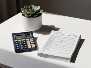 Calculator toont 2026 naast stapel Nederlandse belastingdocumenten op wit bureau met vetplant, professionele werkruimte