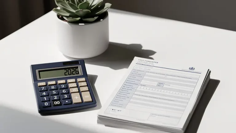 Calculator toont 2026 naast stapel Nederlandse belastingdocumenten op wit bureau met vetplant, professionele werkruimte