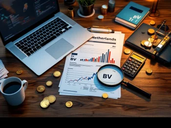 Bureau met laptop met financiële grafieken, Nederlandse BV belastingdocumenten, rekenmachine en gouden munten
