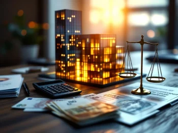 Glazen kantoorgebouw met Nederlandse overheidsdocumenten, eurobiljetten en rekenmachine op houten bureau