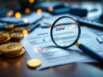 Vergrootglas over Nederlandse belastingdocumenten op bureau met rekenmachine, pen en gouden munten op achtergrond