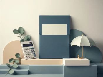 Rekenmachine, documentenmap en paraplusymbool in navy, beige en groen voor belastingaftrek en financiële zekerheid