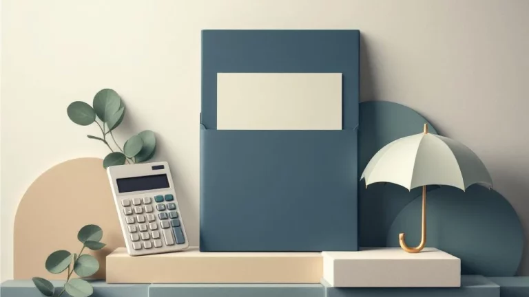 Rekenmachine, documentenmap en paraplusymbool in navy, beige en groen voor belastingaftrek en financiële zekerheid