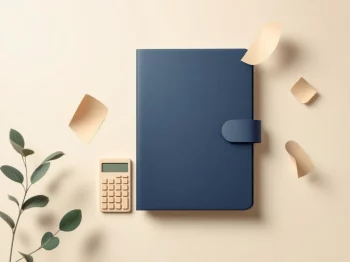 Documentenmap met rekenmachine en zwevende papieren in minimalistische stijl voor financiële dienstverlening