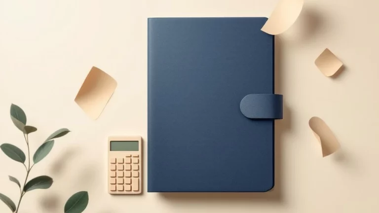 Documentenmap met rekenmachine en zwevende papieren in minimalistische stijl voor financiële dienstverlening