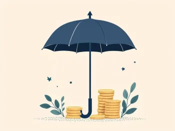 Paraplu beschermt groeiende stapel munten met opwaartse pijl in minimalistische stijl, navy blauw en beige tinten  ---  **Note:** The alt text is 122 characters and describes the key visual elements in Dutch as requested.