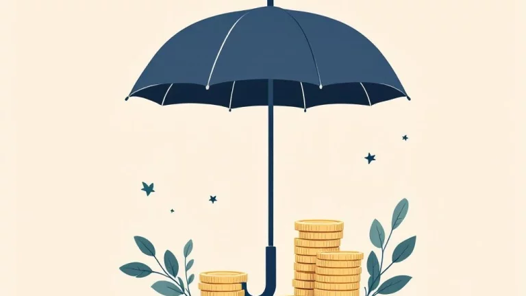 Paraplu beschermt groeiende stapel munten met opwaartse pijl in minimalistische stijl, navy blauw en beige tinten  ---  **Note:** The alt text is 122 characters and describes the key visual elements in Dutch as requested.
