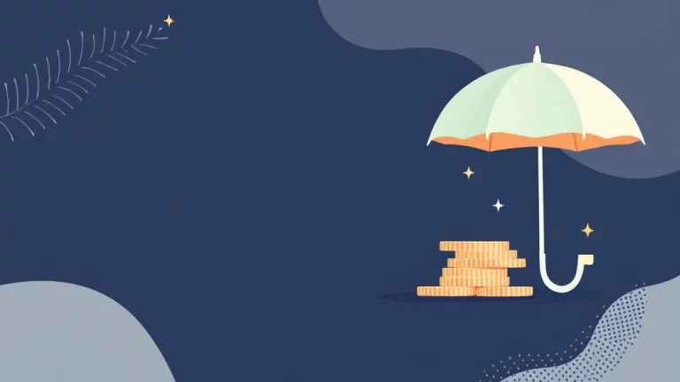 Stapel munten naast rekenmachine en paraplu-symbool op marineblauw, illustratie van spaarlimieten en zorgtoeslagen