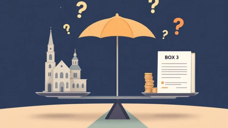 Weegschaal met Nederlands overheidsgebouw en BOX 3 belastingdocumenten, paraplu beschermt munten, calculator symbool