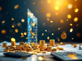 Glazen kantoorgebouw met euro munten en bankbiljetten in spiraalbeweging, calculator en documenten op voorgrond