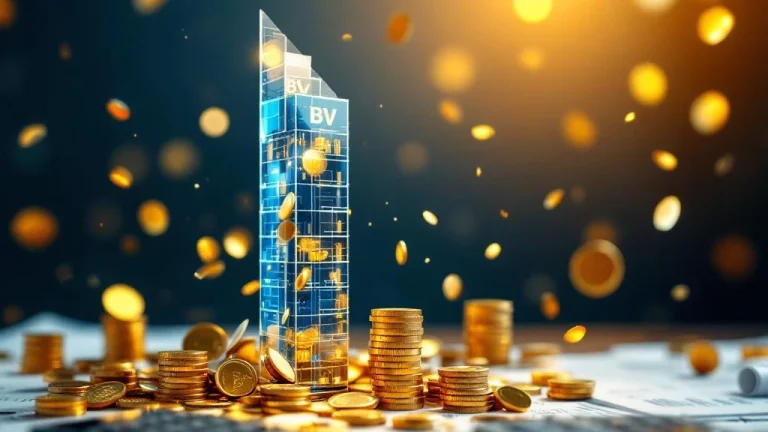 Glazen kantoorgebouw met euro munten en bankbiljetten in spiraalbeweging, calculator en documenten op voorgrond