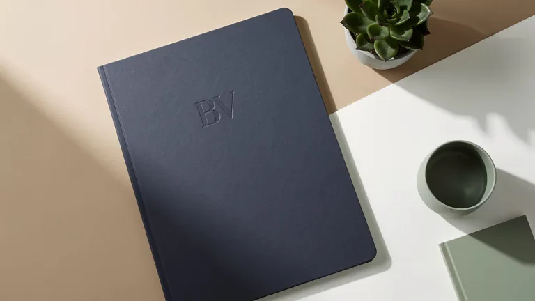Navy blauwe documentenmap met "BV" reliëf op minimalistische witte bureau met kleine vetplant, natuurlijk licht