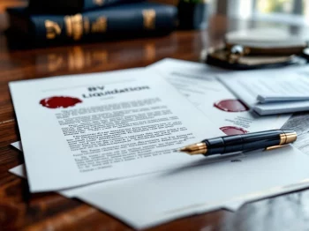 Mahoniehout bureau met Nederlandse BV-liquidatiedocumenten, rode lakzegels, vulpen en juridische boeken op achtergrond