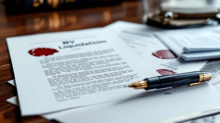 Mahoniehout bureau met Nederlandse BV-liquidatiedocumenten, rode lakzegels, vulpen en juridische boeken op achtergrond