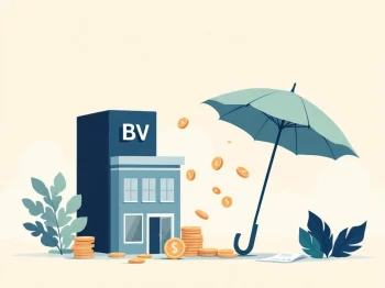 BV-gebouw dat oplost in zwevende munten en documenten onder beschermende paraplu, professionele illustratie in zachte tinten