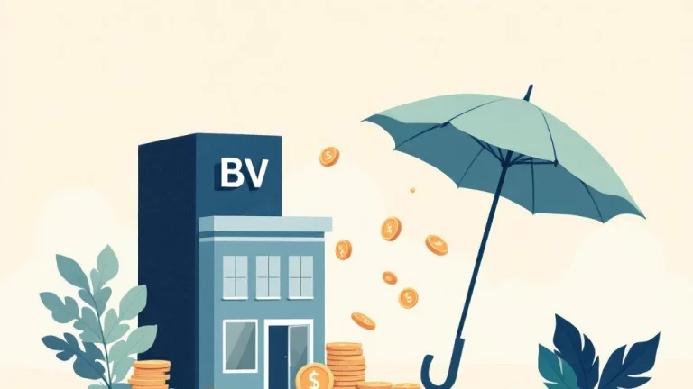 BV-gebouw dat oplost in zwevende munten en documenten onder beschermende paraplu, professionele illustratie in zachte tinten