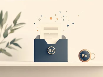 Professionele illustratie van BV-ontbindingspapieren die transformeren tot lichte deeltjes naast bedrijfszegel op bureau