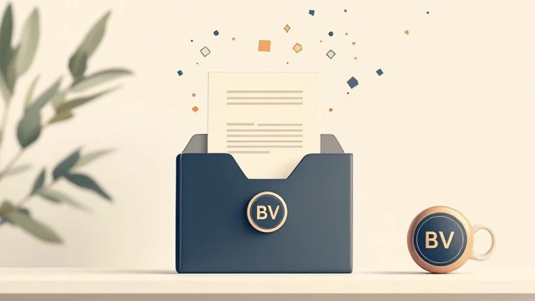 Professionele illustratie van BV-ontbindingspapieren die transformeren tot lichte deeltjes naast bedrijfszegel op bureau