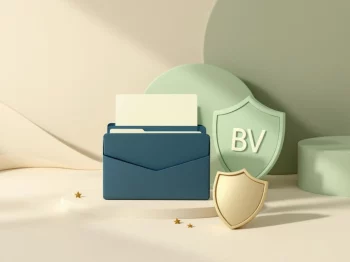 Documentmap en schild icoon in navy en groen, symboliseert BV structuur beveiliging en begeleiding