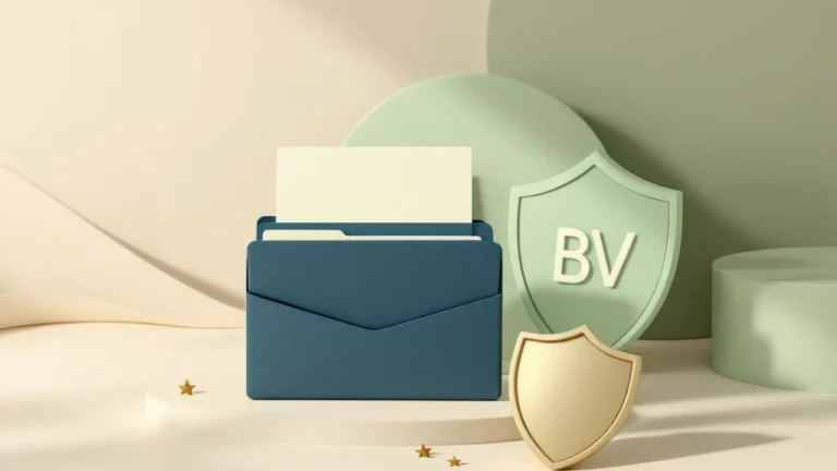 Documentmap en schild icoon in navy en groen, symboliseert BV structuur beveiliging en begeleiding