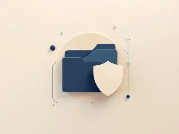 Document map met beveiligingsschild in marineblauw en beige tinten, geometrische lijnen en groene accenten voor BV pensioen