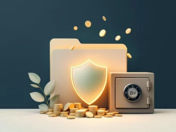 Professionele illustratie van document dat transformeert tot beschermend schild met geld dat vloeit naar veilige BV-structuur