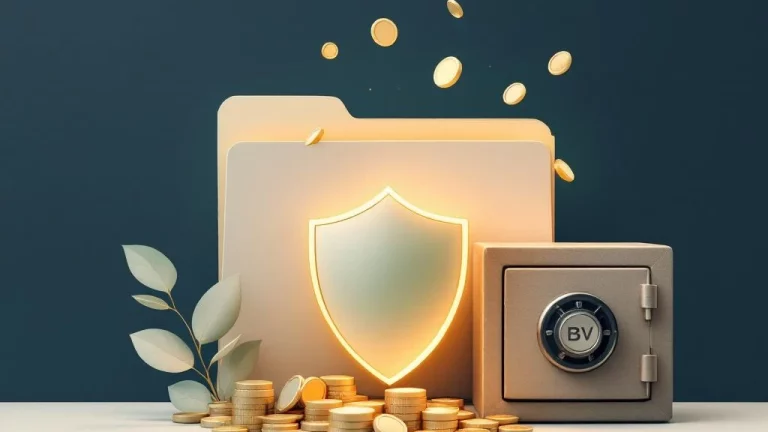 Professionele illustratie van document dat transformeert tot beschermend schild met geld dat vloeit naar veilige BV-structuur