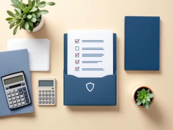 Georganiseerd bureau met document map met compliance vinkjes, calculator, papieren en beschermingsschild icoon