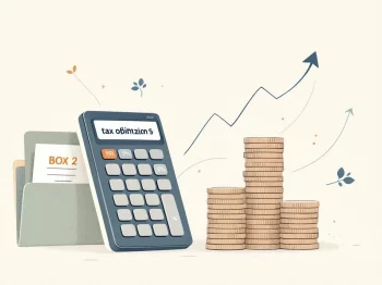 Professionele calculator met dividendpercentages naast oplopende muntenstapels en BOX 2 document voor belastingoptimalisatie