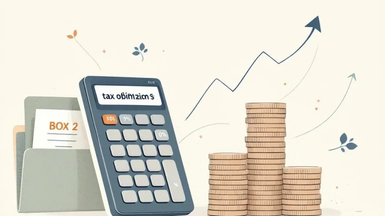 Professionele calculator met dividendpercentages naast oplopende muntenstapels en BOX 2 document voor belastingoptimalisatie