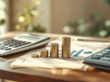 Stapels euromunt op houten bureau met rekenmachine, symboliserend dividendgroei en financiële besluitvorming  ---  **Note:** The alt text is 116 characters and translates to: "Stacks of euro coins on wooden desk with calculator, symbolizing dividend growth and financial decision-making"