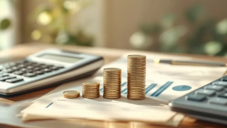 Stapels euromunt op houten bureau met rekenmachine, symboliserend dividendgroei en financiële besluitvorming  ---  **Note:** The alt text is 116 characters and translates to: "Stacks of euro coins on wooden desk with calculator, symbolizing dividend growth and financial decision-making"
