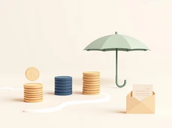 Stapel munten die transformeren tot beschermende paraplu met calculator en documenten, symboliseert BOX 2 belastingoptimalisatie