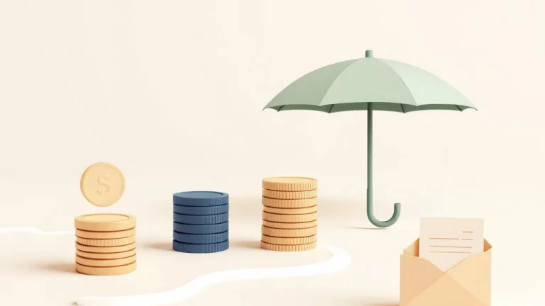 Stapel munten die transformeren tot beschermende paraplu met calculator en documenten, symboliseert BOX 2 belastingoptimalisatie