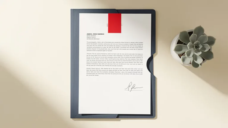 Stapel officiële documenten met rode "VOID" stempel naast vetplant op wit bureau, natuurlijk licht van links