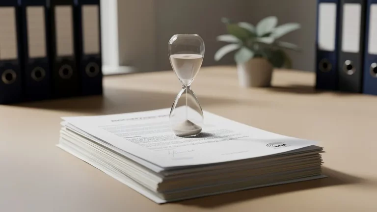 Stapel officiële documenten met zandloper op modern bureau in Nederlands kantoor met blauwe mappen