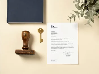 Versleten houten stempel naast BV-registratiedocument op cremekleurig bureau, met messing sleutel als symbool van bedrijfsoverdracht.