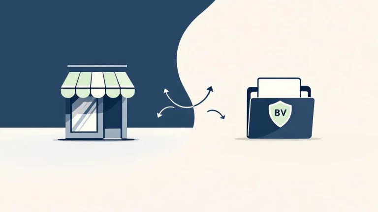 Transformatie van eenmanszaak naar stakingslijfrente BV, geïllustreerd met winkel die overgaat in beschermd document