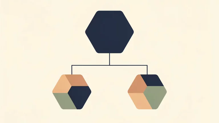 Grote hexagon verbonden met twee kleinere hexagons in navy blauw, zand en sagegroene tinten, symboliseert gestructureerde bedrijfsstructuur.